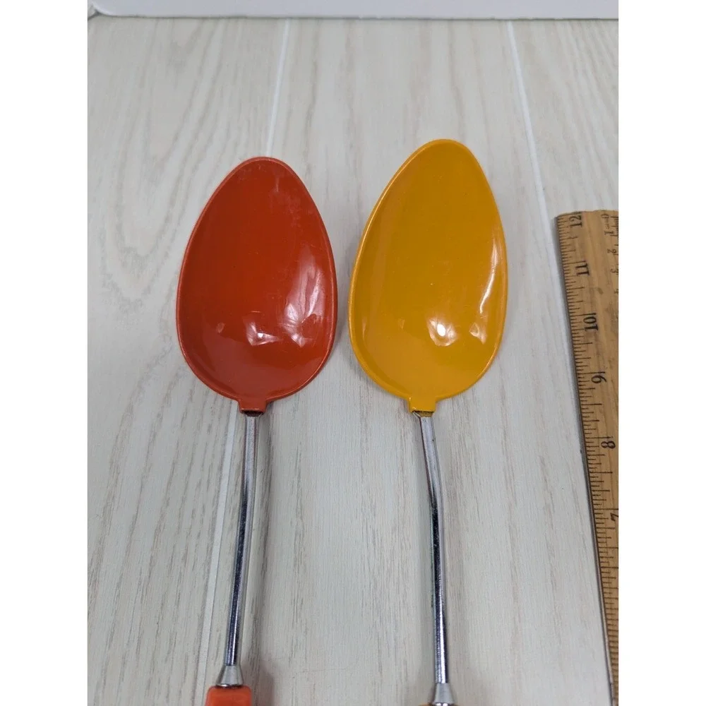 vintage Taiwan serving mixing spoons plastic metal orange yellow floral MCM